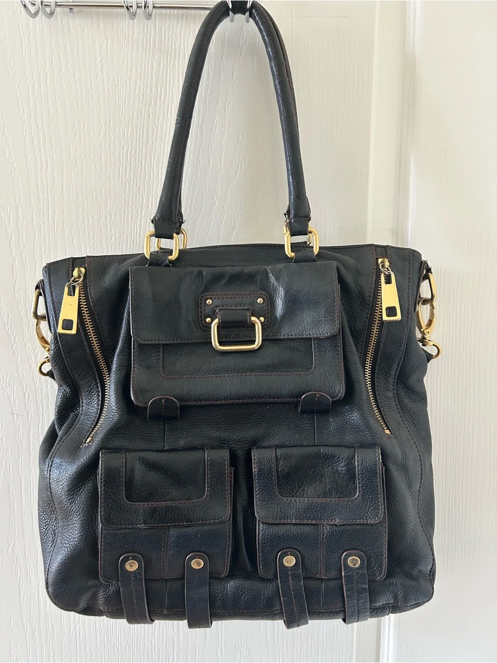Steve Madden Edgy Utility Black Leather Tote Purse